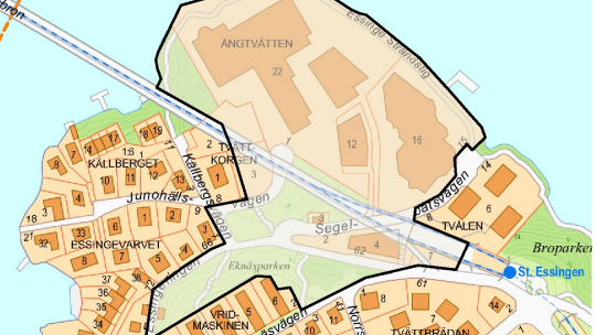 Karta byggplaner Stora Essinge och Eknäsparken