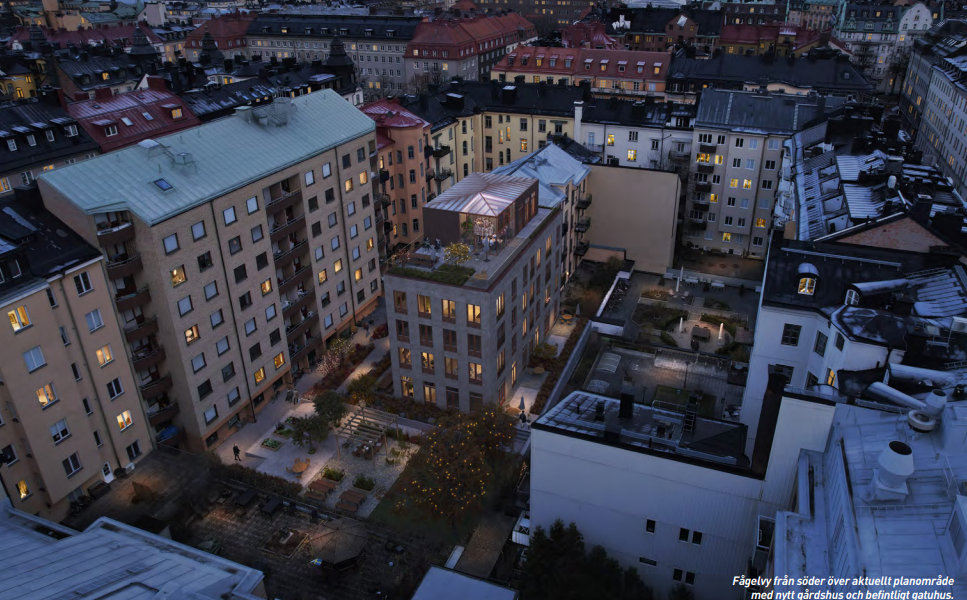 Framtidens utformning av innergård med färdigbyggt lägenhetshus.