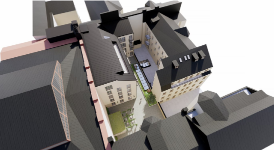Visionsbild på lägenhetshus som byggs på innergården vid Humlegårdsgatan.