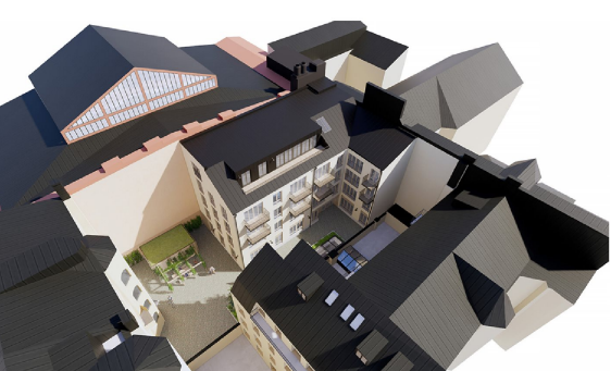 Visionsbild på lägenhetshus som byggs på innergården vid Humlegårdsgatan.