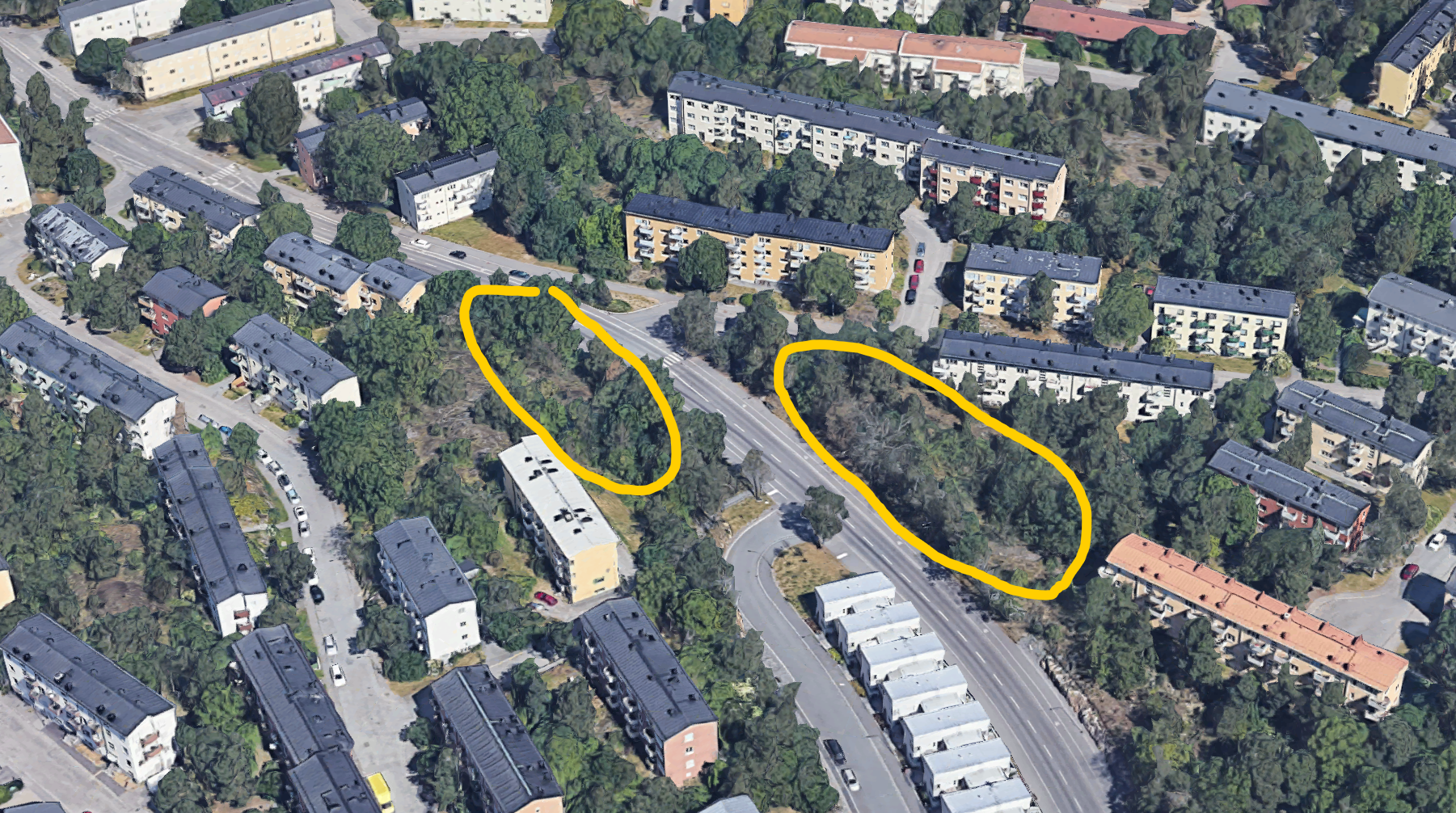 Korsningen Sparrmansvägen/Olaus Magnus väg föreslås bebyggas med 85 hyresrättsbostäder i tre bostadshus. Bostäderna byggs på befintlig naturområde och parkmark.