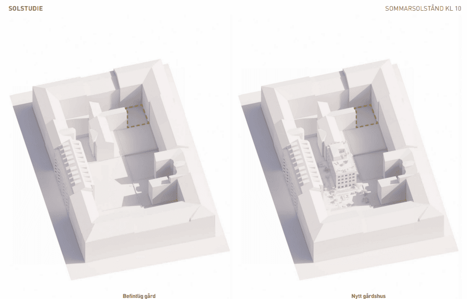 Solstudie före och efter nybyggt lägenhetshus.