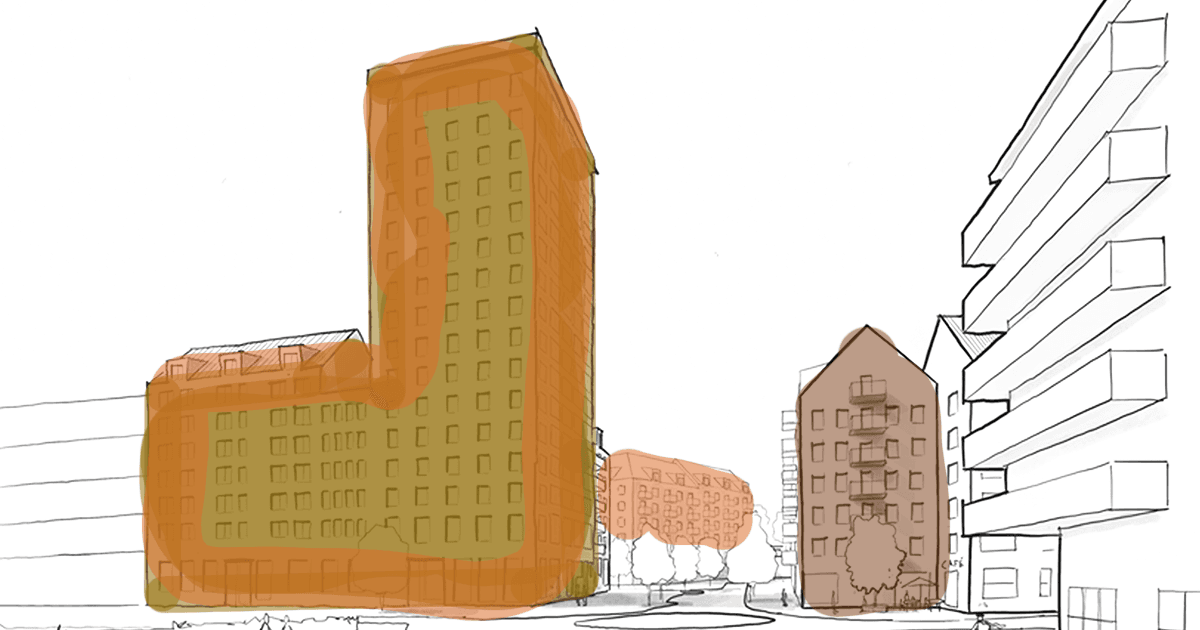Bebyggelse av ca 450 bostäder, centrum och förskola i tre kvarter separerade av gator och parkmark i ett projekt för att koppla samman Sköndal med Skarpnäck.