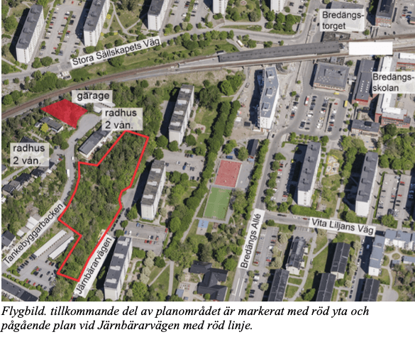 Planen för del av Sätra 2:1 m fl. vid Järnbärarvägen syftar till att möjliggöra två flerbostadshus med cirka 60 bostäder vid Järnbärarvägen samt 10-15 radhus längs Tankebyggarbacken, i ett kollektivtrafiknära läge i Bredäng.